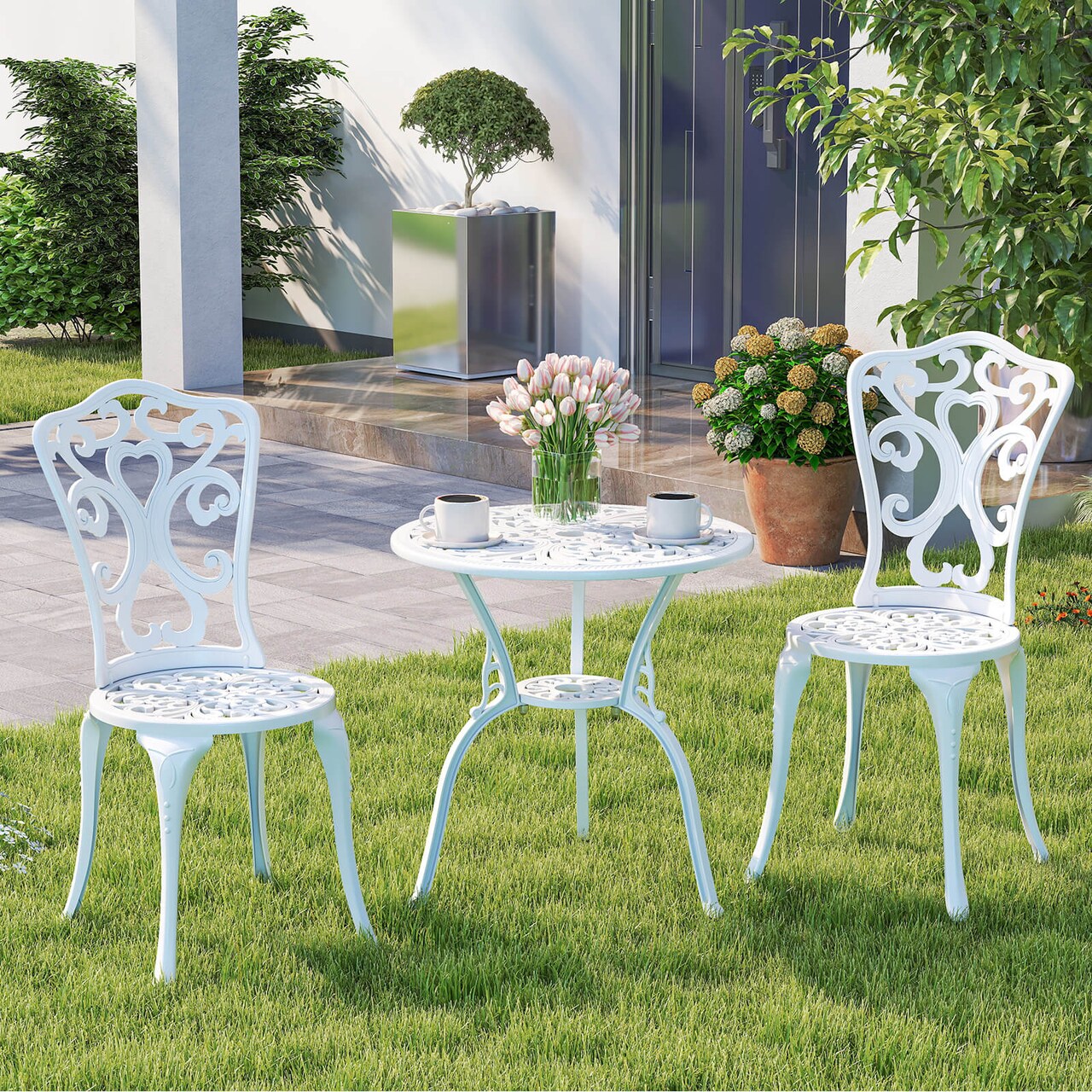 Costway 3 PCS Patio Bistro Set with Umbrella Holes Outdoor Bistro Set for Front Porch White/Green